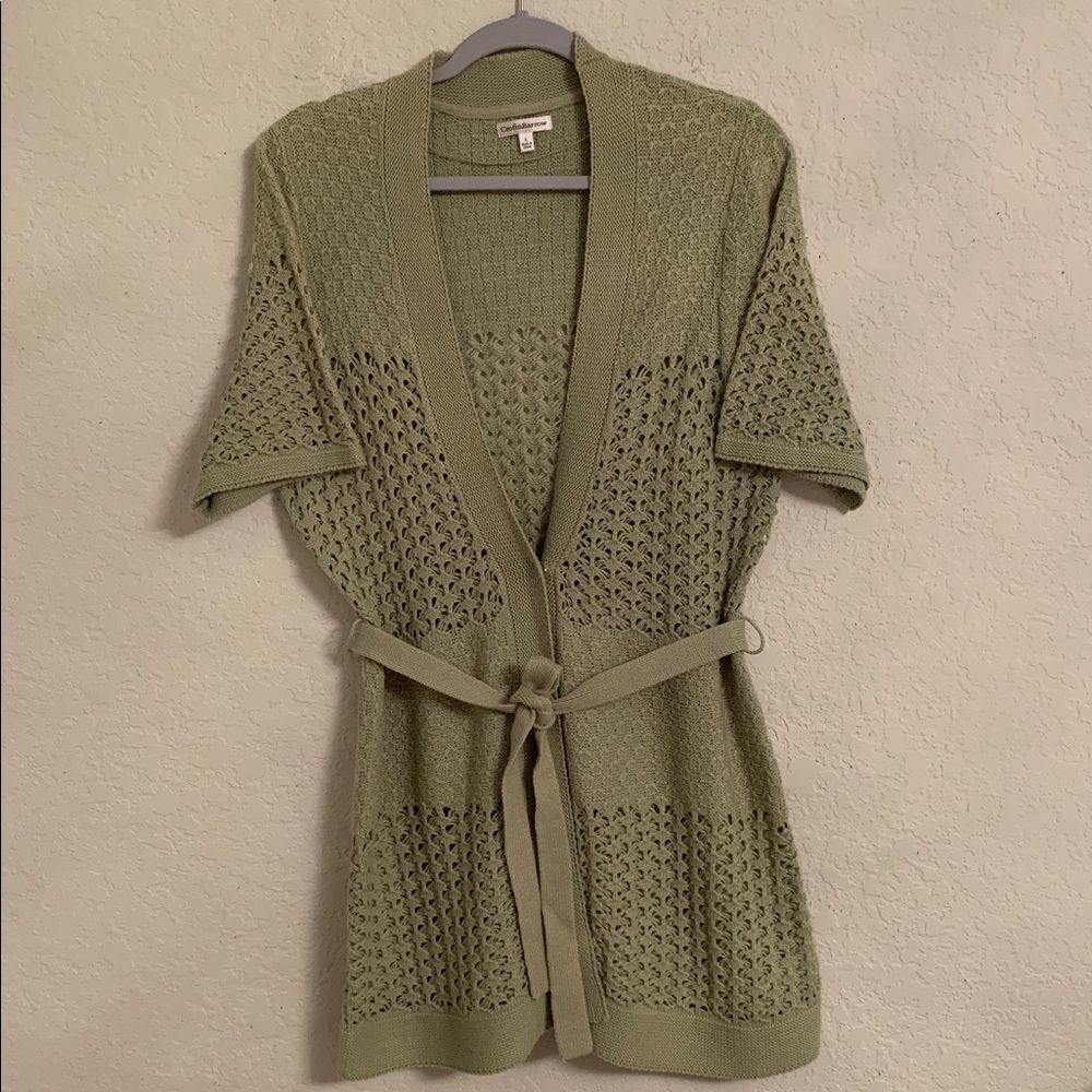 Croft & Barrow Green Knit Cardigan Short Sleeve Snap Tie Belt Women’s Size L